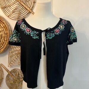 Vintage Beaded Floral Tie Front Bolero Cottagecore Balletcore Black Cardigan XL